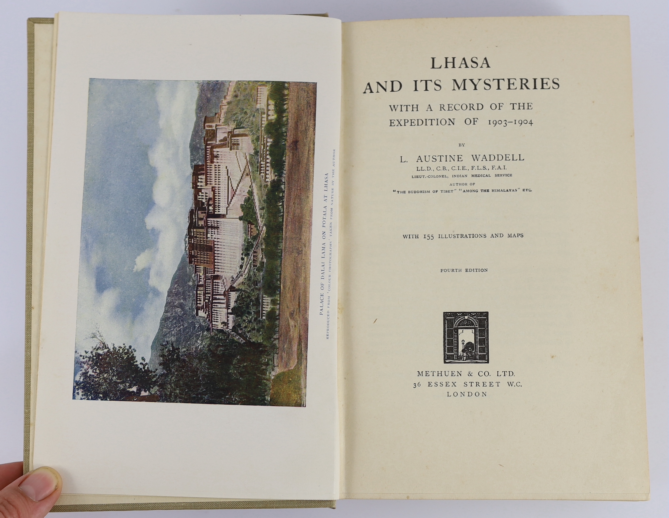 Waddell, L. Austine - Lhasa and its Mysteries: with a record of the expedition of 1903-1904. 4th edition. coloured frontis., 85 photo. plates, 7 maps (3 folded) and text illus.; publisher's coloured pictorial cloth (with